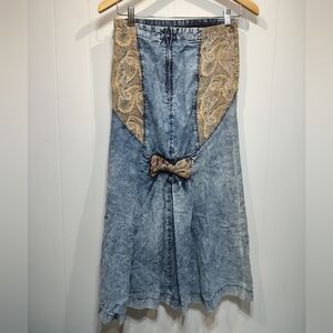 Bonnie Foi Denim Tapestry‎ Panel Midi Skirt Bow Detail Size 9 Made in USA